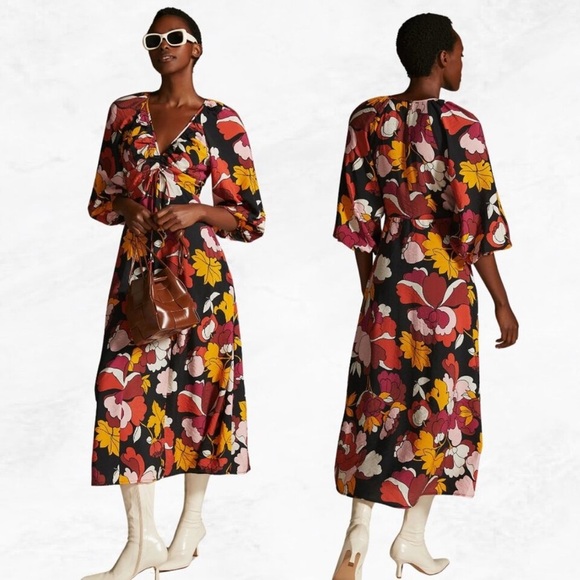 Maeve by Anthropologie Floral Deep V Ruched Midi Dress - Picture 1 of 8